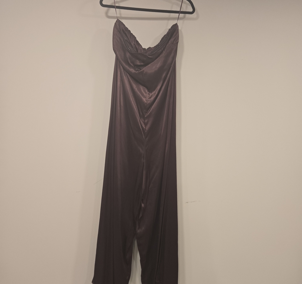 Anthropologie Satin Cowl Neck Jumpsuit in Dark Brown